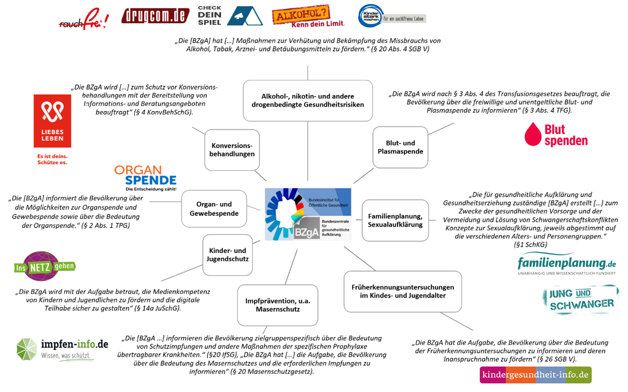 Organigramm: Gesetzliche Aufgaben BIÖG/BZgA zur gesundheitlichen Aufklärung, Beispiele