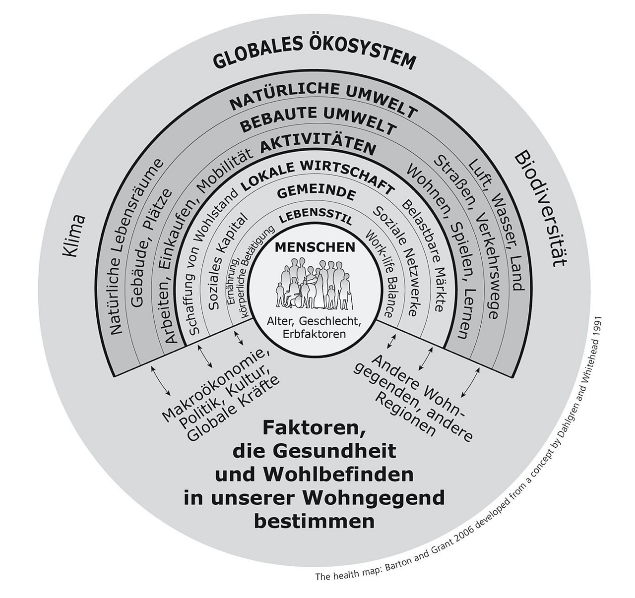 Abbildung 2: Health Map (Quelle: Barton und Grant 2006, basierend auf Dahlgren und Whitehead 1991) Abbildung 2: Health Map (Quelle: Barton und Grant 2006, basierend auf Dahlgren und Whitehead 1991)
