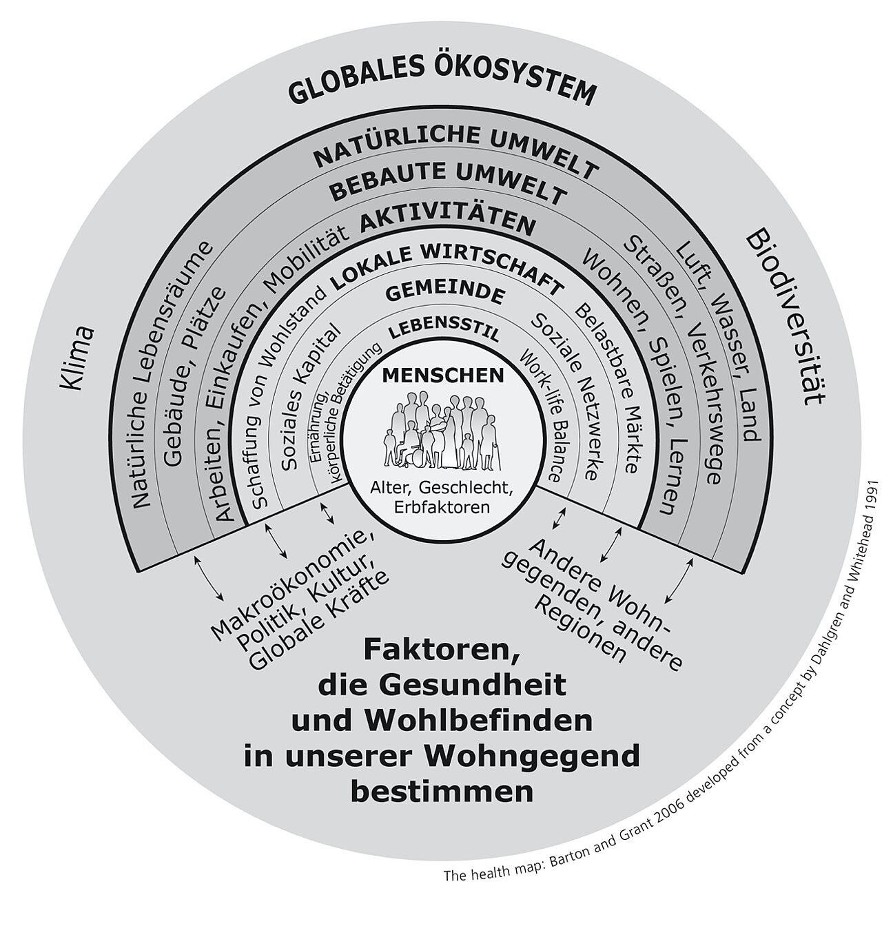 Abb. 1: Das humanökologische Modell der Gesundheitsdeterminanten nach Barton und Grant (2006) (gemeinfreie Abbildung) Abb. 1: Das humanökologische Modell der Gesundheitsdeterminanten nach Barton und Grant (2006) (gemeinfreie Abbildung)