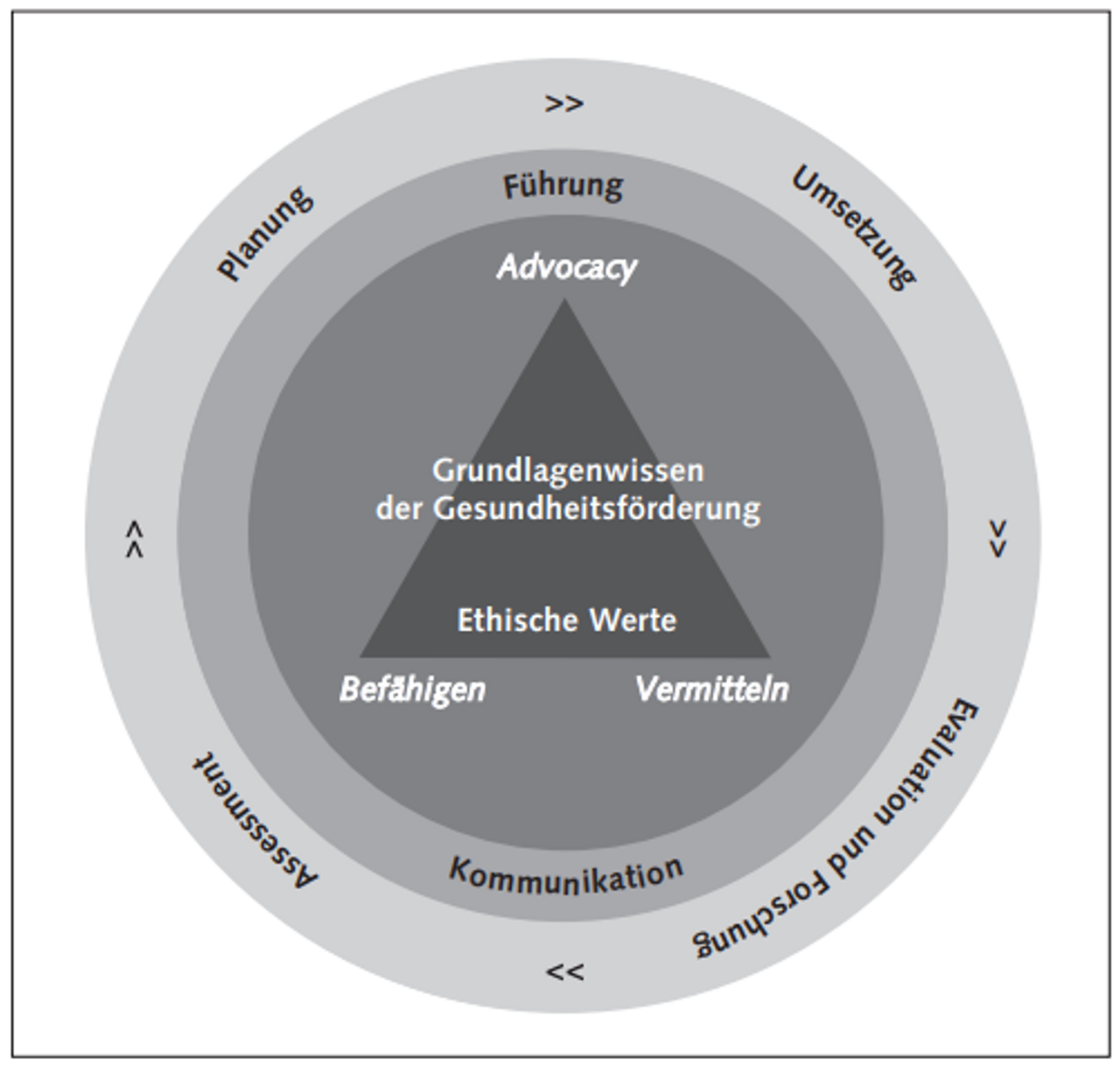 Abb. 1: Die CompHP-Kernkompetenzen der Gesundheitsförderung (Barry & BZgA 2014, S. 14) Abb. 1: Die CompHP-Kernkompetenzen der Gesundheitsförderung (Barry & BZgA 2014, S. 14)