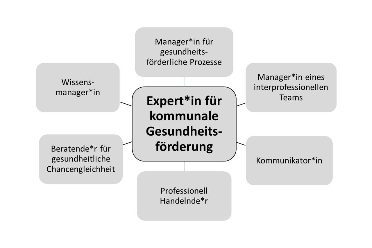 Abb. 1: Rollen- und Kompetenzmodell zur Koordination Kommunaler Gesundheitsförderung (Quelle: Quilling et al. 2021a) Abb. 1: Rollen- und Kompetenzmodell zur Koordination Kommunaler Gesundheitsförderung (Quelle: Quilling et al. 2021a)
