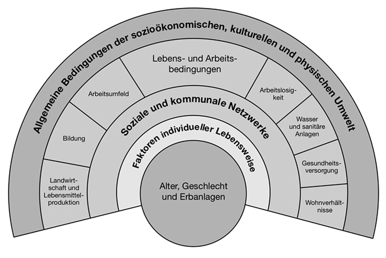 Abb. 1: Determinanten der Gesundheit. Quelle: Dahlgren & Whitehead (1991) Abb. 1: Determinanten der Gesundheit. Quelle: Dahlgren & Whitehead (1991)