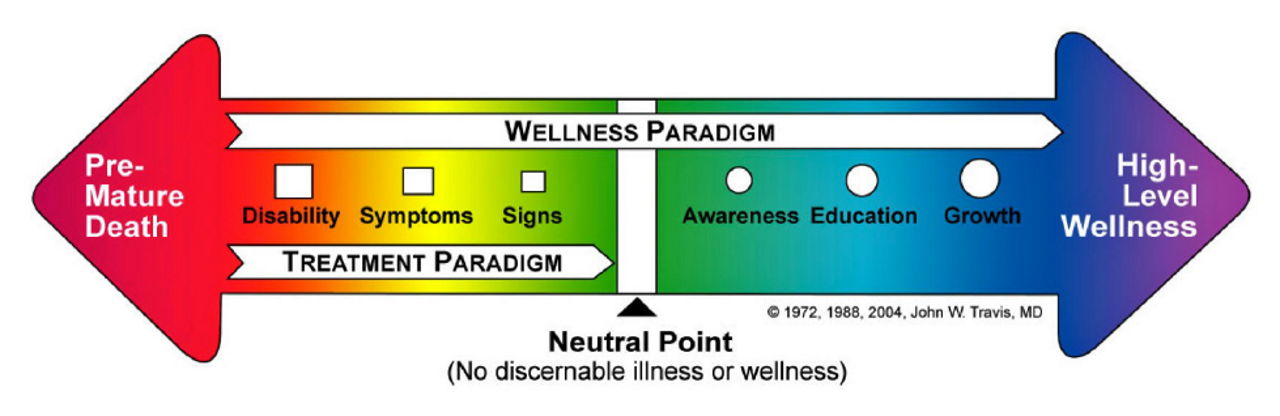 Abb. 3: Das Illness-Wellness Continuum von Travis (Quelle: Travis, 1972; hier: Deutscher Wellness Verband 2025) Abb. 3: Das Illness-Wellness Continuum von Travis (Quelle: Travis, 1972; hier: Deutscher Wellness Verband 2025)